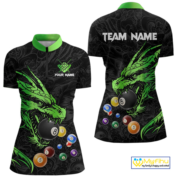 Personalized Green Black 3D Dragon Billiard Balls Pool Shirt For Women, Billiard League Team Jersey TDM4341