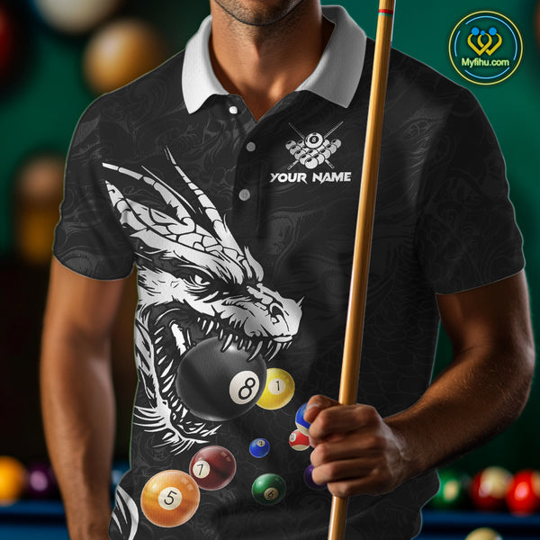 Personalized White Black 3D Dragon Billiard Balls Pool Shirt For Men, Billiard League Team Jersey TDM4342