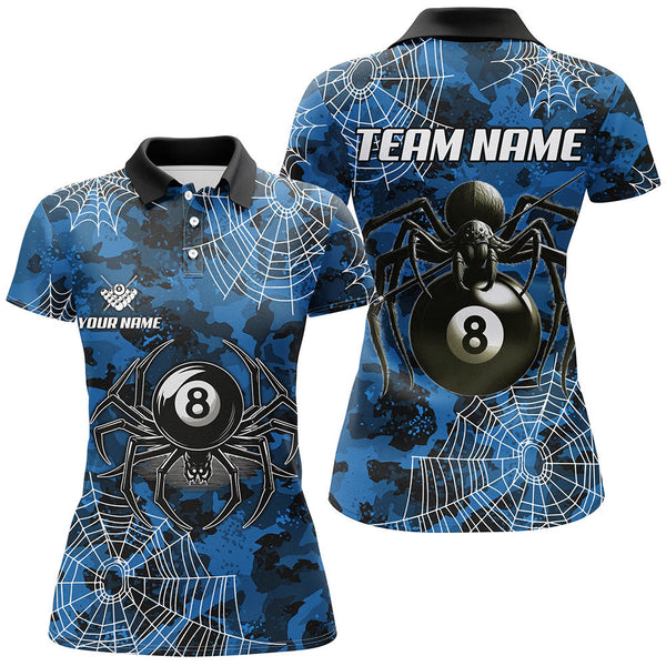 Blue Camo Billiard Spider Cobweb Custom Women Polo & Quarter-Zip Shirts, Unique 8 Ball Pool Jerseys TDM2459
