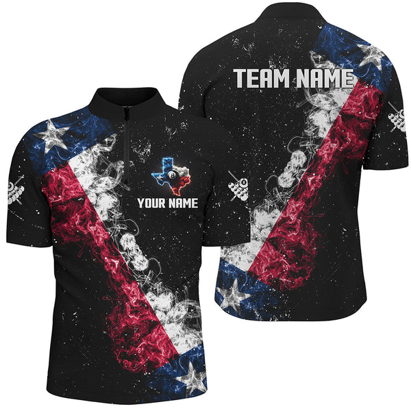 Personalized Black Grunge Texas Flag Smoke Billiard Shirt For Men, Patriotic Texas Billiard Jersey TDM3193