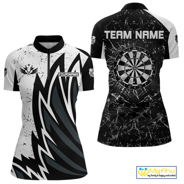 Personalized Black White Break Glass Dart Shirts For Women Custom Wings Dart Jersey Polo & 1/4 Zip TDM3881