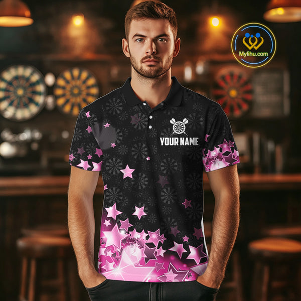 Funny Custom Dart Shirt For Men, Pink Black Glowing Star Pattern Darts Polo & Quarter Zip TDM3885