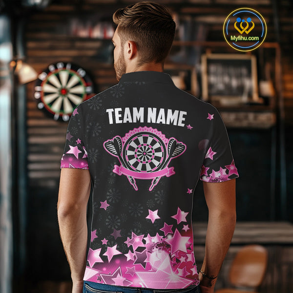 Funny Custom Dart Shirt For Men, Pink Black Glowing Star Pattern Darts Polo & Quarter Zip TDM3885