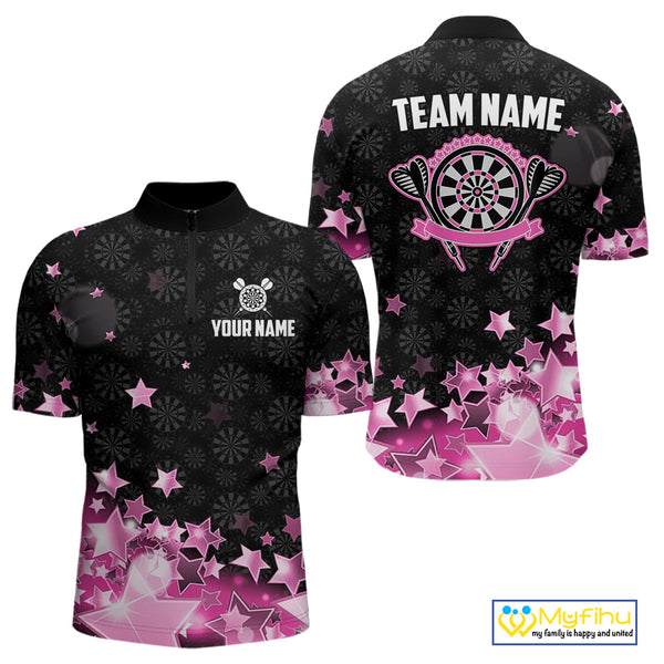 Funny Custom Dart Shirt For Men, Pink Black Glowing Star Pattern Darts Polo & Quarter Zip TDM3885