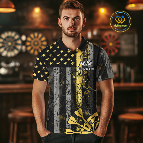 Custom Gold Grunge US Flag Patriotic Darts Shirt For Men, Retro Darts Board Darts Team Jerseys TDM3972