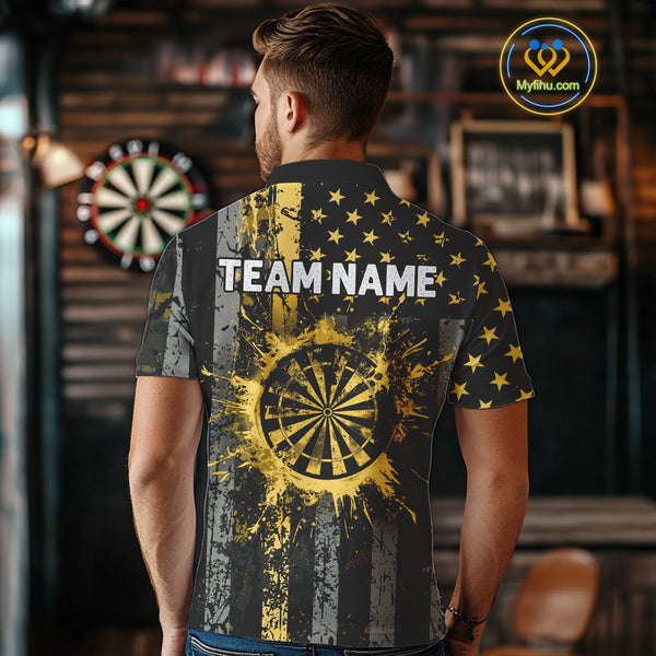 Custom Gold Grunge US Flag Patriotic Darts Shirt For Men, Retro Darts Board Darts Team Jerseys TDM3972