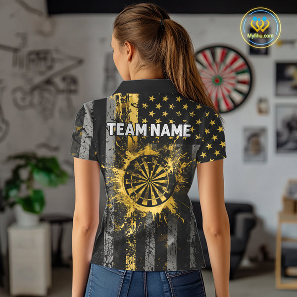 Custom Gold Grunge US Flag Patriotic Darts Shirt For Women, Retro Darts Board Darts Team Jerseys TDM3972
