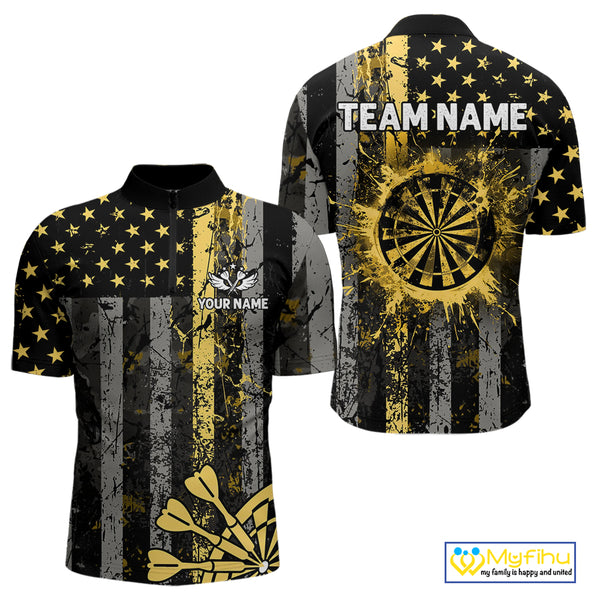 Custom Gold Grunge US Flag Patriotic Darts Shirt For Men, Retro Darts Board Darts Team Jerseys TDM3972