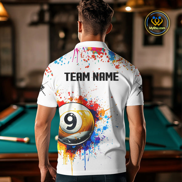 Funny 9 Ball Pool Colorful Paint Splash Custom Billiard Shirt For Men, Billiard Team Jersey|White TDM3977