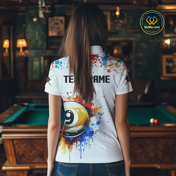 Funny 9 Ball Pool Colorful Paint Splash Custom Billiard Shirt For Women, Billiard Team Jersey|White TDM3977