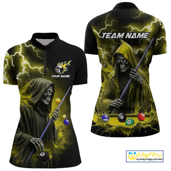 Yellow Grim Reaper Billiard Shirts For Women Custom Thunder Lightning Team League Billiard Jerseys TDM3986