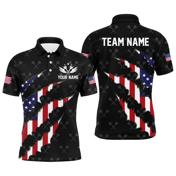 Personalized American Flag Darts Pattern Men Polo & 1/4 Zip Shirts, Black Patriotic Dart Jerseys TDM2728