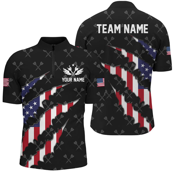 Personalized American Flag Darts Pattern Men Polo & 1/4 Zip Shirts, Black Patriotic Dart Jerseys TDM2728