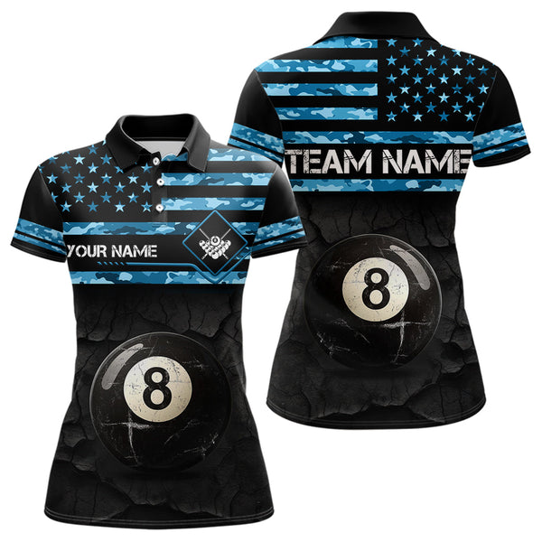 Customized Retro 8 Ball Pool Blue Camo US Flag Billiard Shirts For Women, Patriotic Billiard Jersey TDM3567