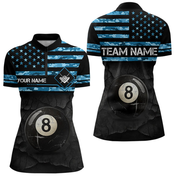 Customized Retro 8 Ball Pool Blue Camo US Flag Billiard Shirts For Women, Patriotic Billiard Jersey TDM3567