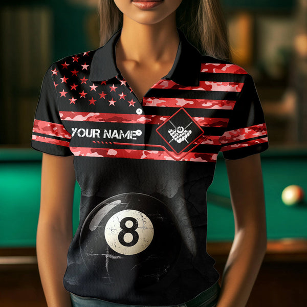 Customized Retro 8 Ball Pool Red Camo US Flag Billiard Shirts For Women, Patriotic Billiard Jerseys TDM3568