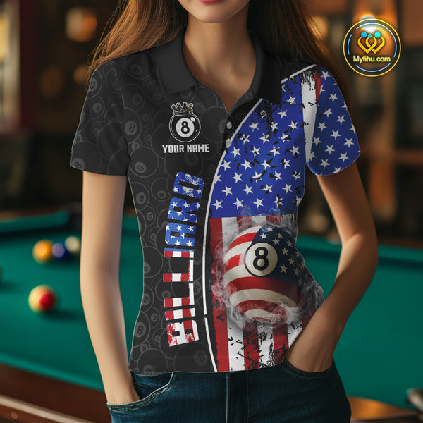 American Flag 8 Ball Smoke Billiard Shirts For Women Custom Patriotic Pool Team Jerseys TDM3997