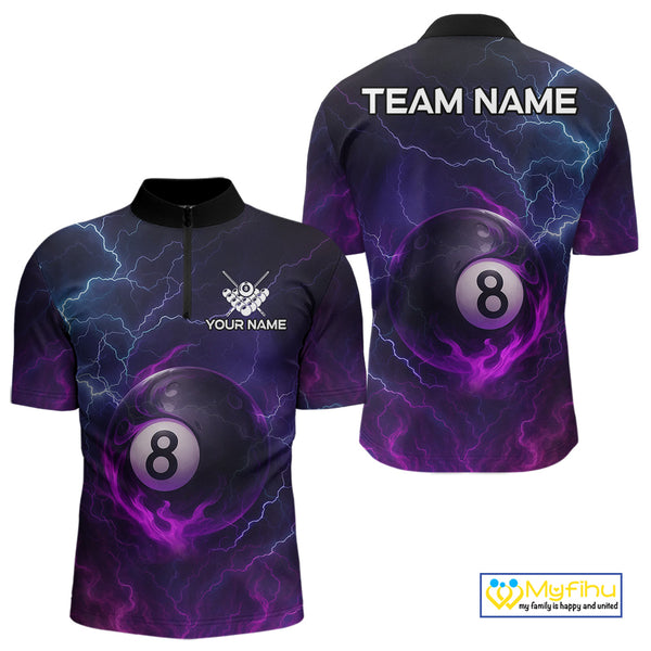 Personalized 3D Purple Billiard Jerseys For Men, Lightning 8 Ball Pool Billiard Team Shirts TDM4010