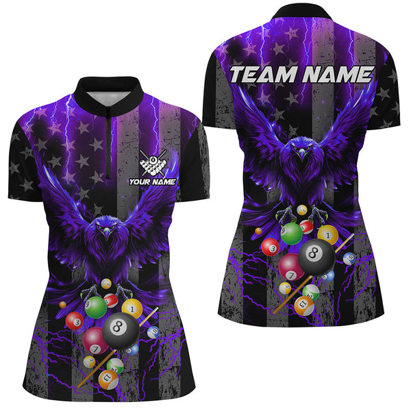 Purple American Flag Thunder Lightning Eagle Billiard Shirt For Women, 3D Pool Balls Billiard Jerseys TDM3239