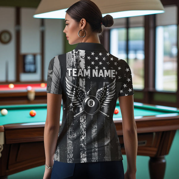 Black White 8 Ball Wings Grunge US Flag Patriotic Billiard Shirts For Women Custom Billiard Jerseys TDM3572