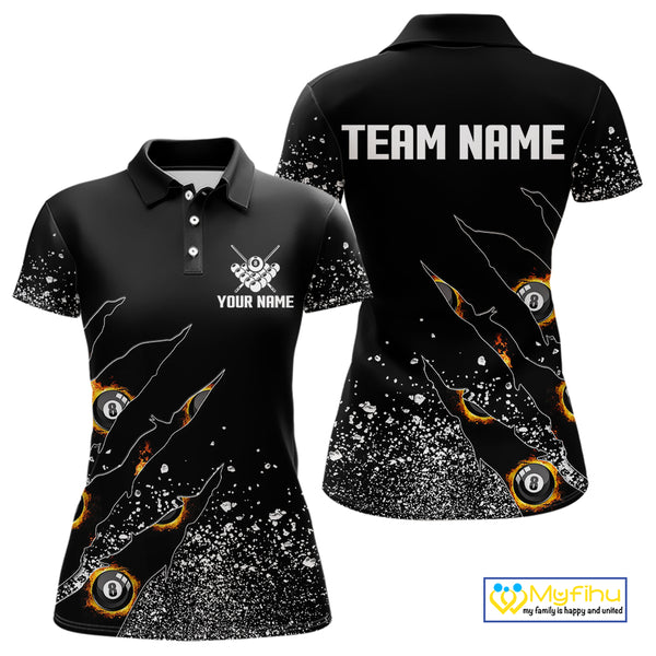 Custom 8 Ball Fire Black Grunge Billiard Shirts For Women, Billiard Team Shirts Pool Jerseys TDM4015