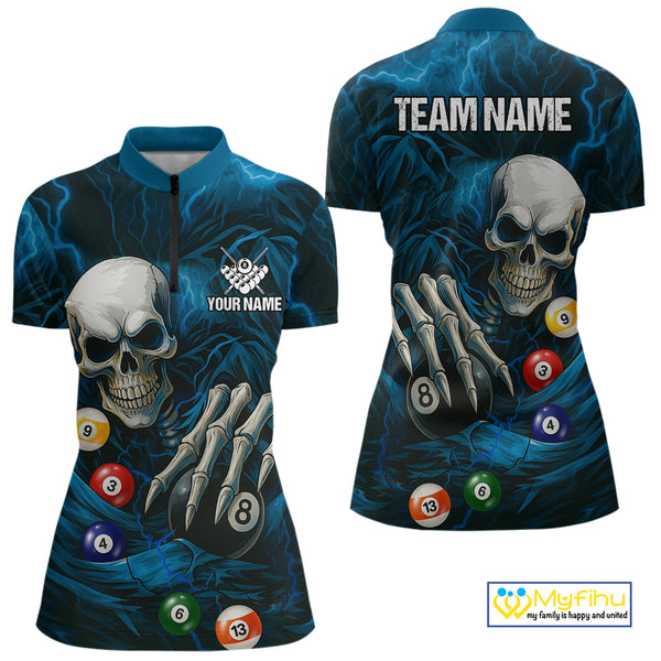 Personalized Blue Funny Skeleton Pool Balls Billiard Shirt For Women, Skull Billiard Team Jerseys TDM4368