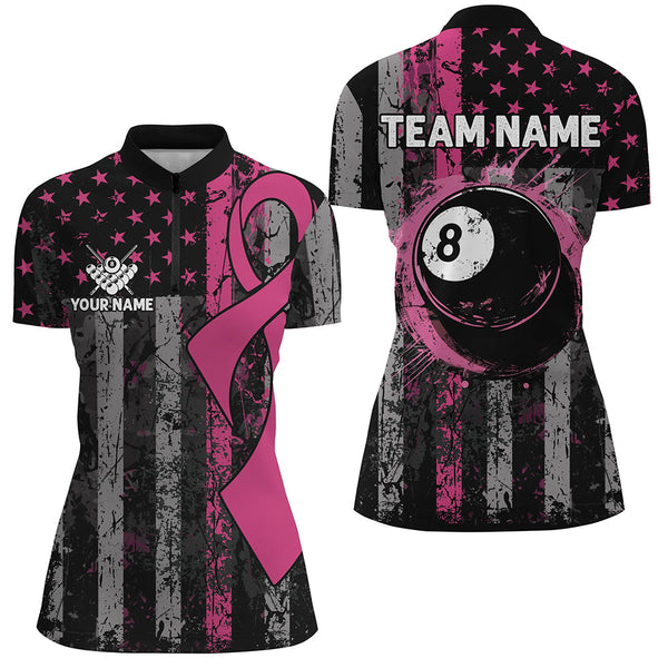 Custom Pink Ribbon Grunge US Flag Patriotic Billiard Shirts For Women, Breast Cancer Billiard Jerseys TDM2512