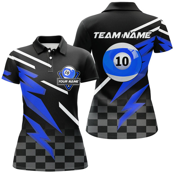Personalized 10 Ball Pool Tournament Billiards Shirts For Women, 10 Ball Billiard Blue Team Jerseys TDM1838