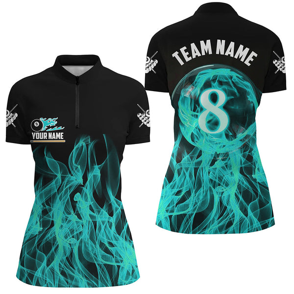 3D Turquoise Flaming 8 Ball Pool Women Billiard Polo & 1/4 Zip Shirt Custom Pool Player Jersey TDM2772