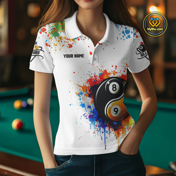 Funny Yin Yang 8 Ball & 9 Ball Colorful Splash Custom Women's Billiard Shirts, Pool Jerseys|White TDM4018