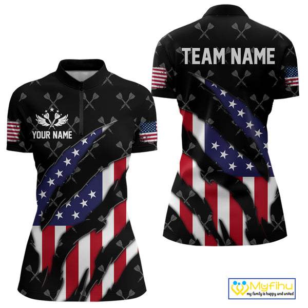 Personalized American Flag Patriotic Dart Shirts For Women – Darts Team Jerseys Polo & 1/4 Zip|Black TDM4025