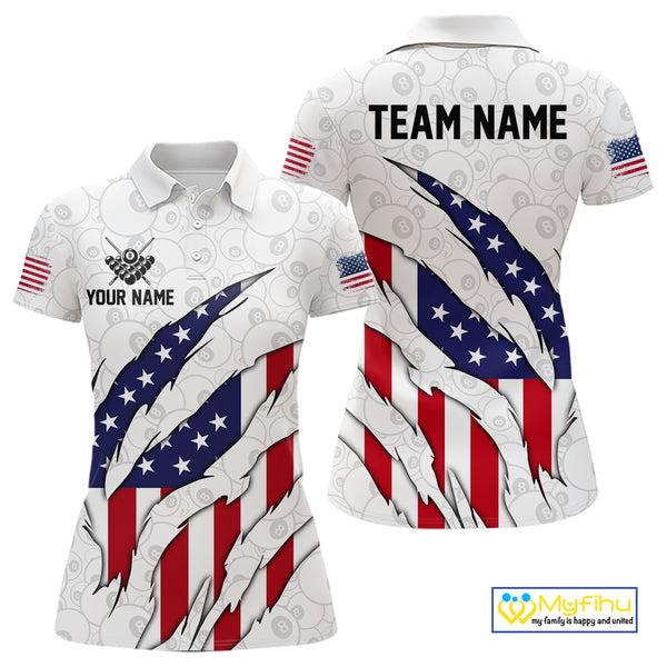 Personalized American Flag Billiard Shirts For Women, Patriotic 8 Ball Pool Team Jersey | White TDM4026
