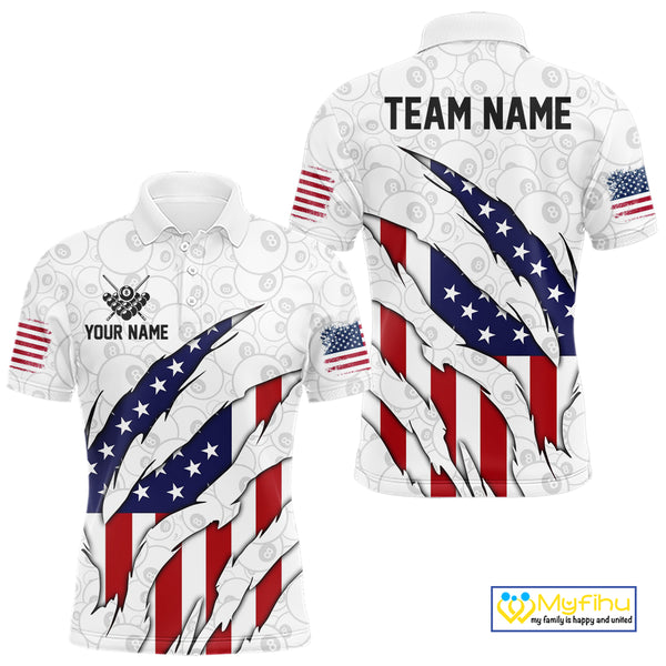 Personalized American Flag Billiard Shirts For Men, Patriotic 8 Ball Pool Team Jersey | White TDM4026