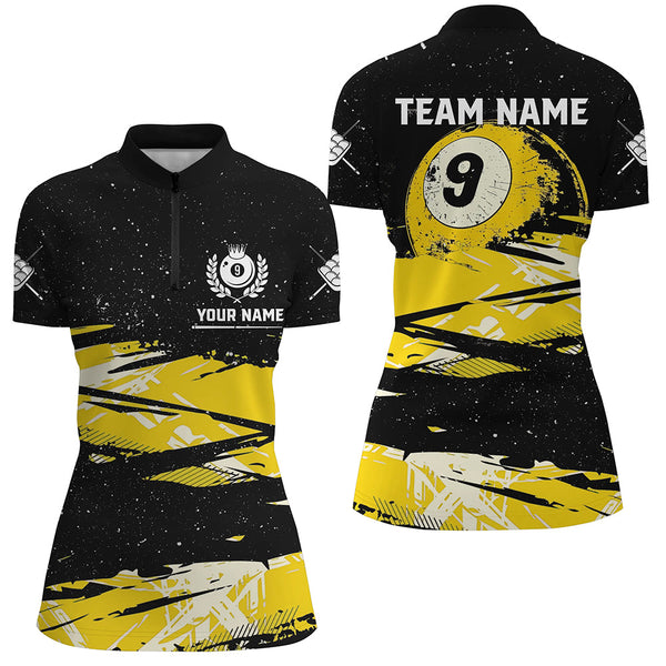 Custom Yellow Grunge Billiard 9 Ball Pool Women Polo/ Quarter-Zip Shirts, 9 Ball Billiard Jerseys TDM2060