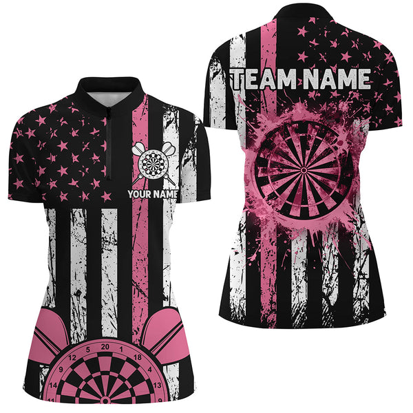 Custom Pink Grunge American Flag Patriotic Darts Shirts For Women Darts Tournament Jersey Retro Style TDM2532