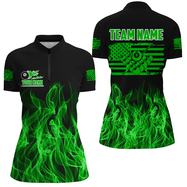 3D Green Flaming American Flag Women Billiard Shirt Custom Patriotic Pool Player Billiard Jersey TDM3452