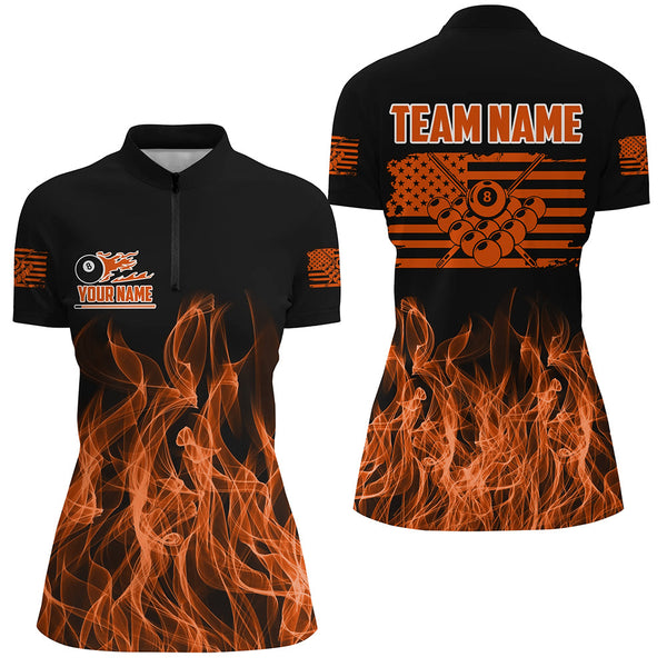3D Orange Flaming American Flag Women Billiard Shirt Custom Patriotic Pool Player Billiard Jersey TDM3453