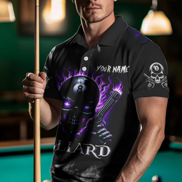 Personalized Purple 8 Ball Fire Flame Gun Skull Smoke Billiard Shirt For Men, Cool Billiard Jersey TDM3604