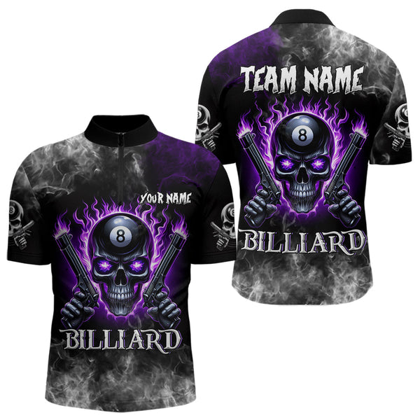 Personalized Purple 8 Ball Fire Flame Gun Skull Smoke Billiard Shirt For Men, Cool Billiard Jersey TDM3604
