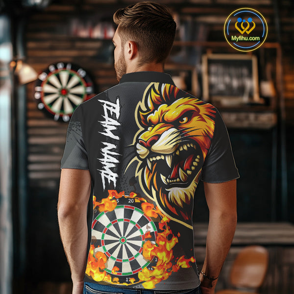 Funny Darts Flame Lion Custom Polo & Quarter-Zip, Personalized Men Dart Shirts Dart Jerseys TDM4033
