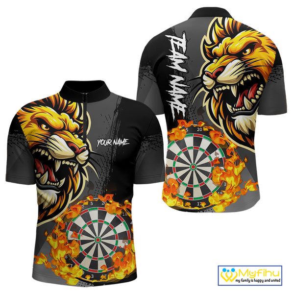 Funny Darts Flame Lion Custom Polo & Quarter-Zip, Personalized Men Dart Shirts Dart Jerseys TDM4033