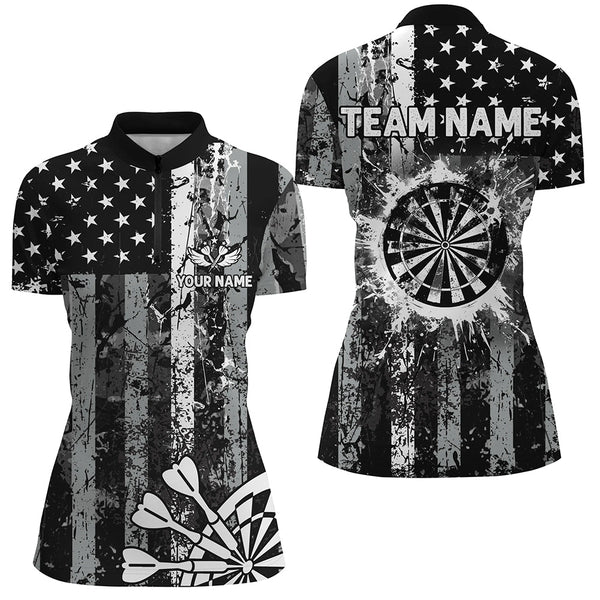 Custom Black Grunge US Flag Patriotic Darts Shirt For Women, Retro Darts Board Darts Team Jerseys TDM2273