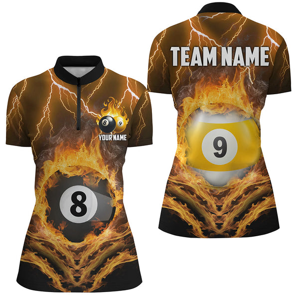Billiard 8 Ball & 9 Ball Fire Lightning Women Polo & 1/4 Zip Shirts Custom Billiard Jersey |Yellow TDM1643
