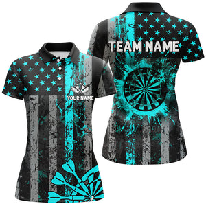 Custom Turquoise Grunge Us Flag Patriotic Darts Shirt For Women, Retro Darts Board Darts Team Jerseys TDM1648