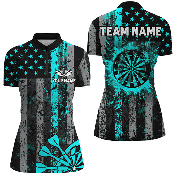 Custom Turquoise Grunge Us Flag Patriotic Darts Shirt For Women, Retro Darts Board Darts Team Jerseys TDM1648