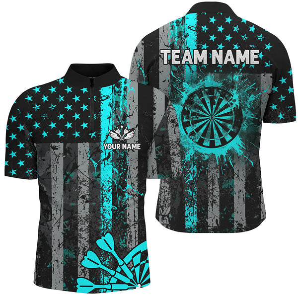 Custom Turquoise Grunge Us Flag Patriotic Darts Shirt For Men, Retro Darts Board Darts Team Jerseys TDM1648