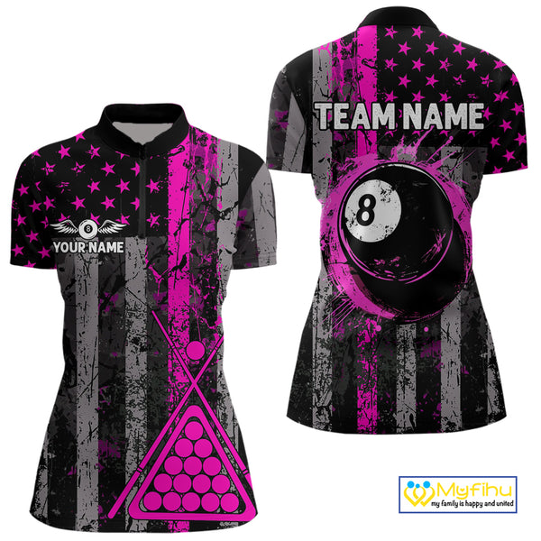 Custom Pink Grunge US Flag Patriotic Billiard Shirts For Women, Retro 8 Ball Pool Billiard Jersey TDM4045