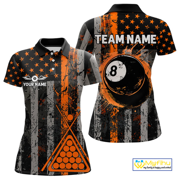 Custom Orange Grunge US Flag Patriotic Billiard Shirts For Women, Retro 8 Ball Pool Billiard Jersey TDM4046