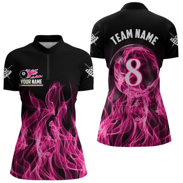 3D Pink Flaming 8 Ball Pool Women Billiard Polo & 1/4 Zip Shirt Custom Pool Player Billiard Jersey TDM3616