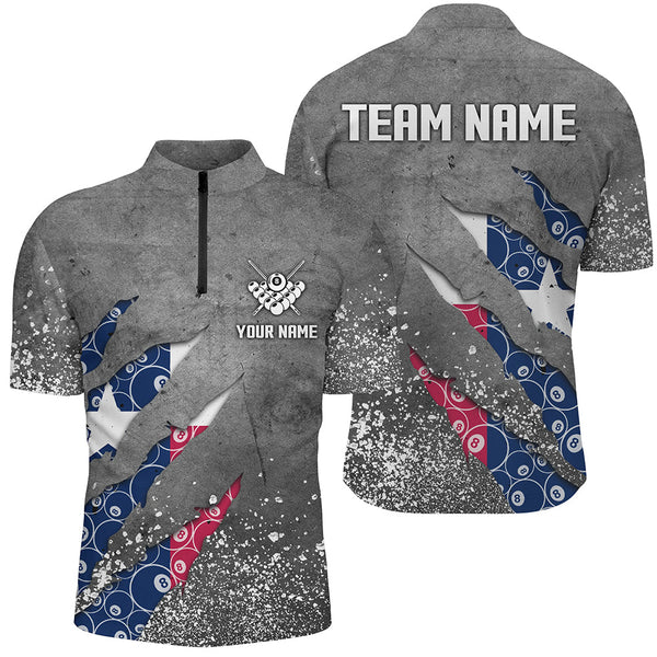 Custom Ball 8 Texas Flag Grey Grunge Men Billiard Polo & 1/4 Zip Shirt Best Billiard Team Jersey TDM1651